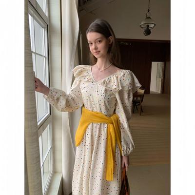 New 2025 Spring French Tea Polka Dot Ruffle Dress C3532 - Age-Defying Waist Design