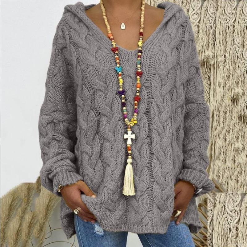 Herbst und Winter Neu Übergröße Damenpullover Mode Elegant Einfarbig Kapuzenstrickpullover Damen Vintage Locker Lässig Damen Strickwaren Pullover 25117