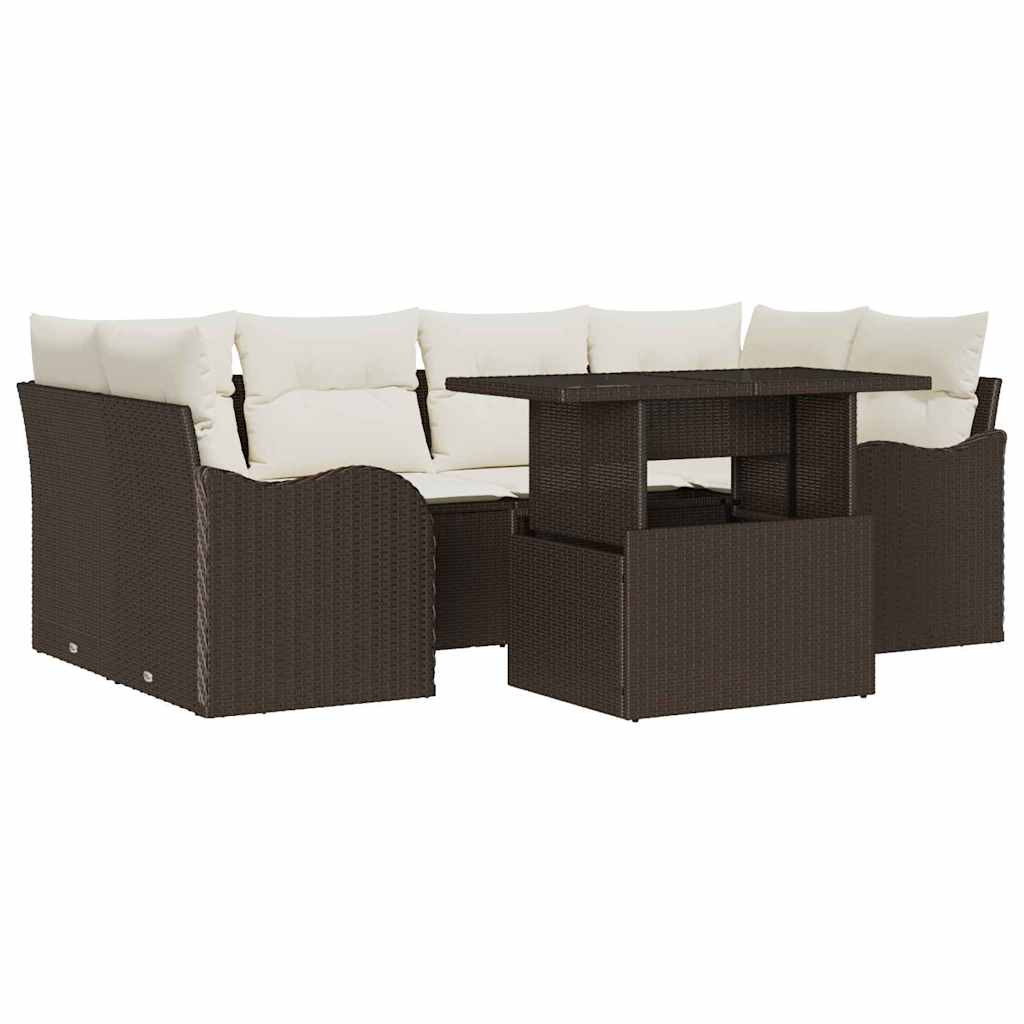 7 Piece Garden Sofa Set with Cushions in Brown and Cream Poly Rattan