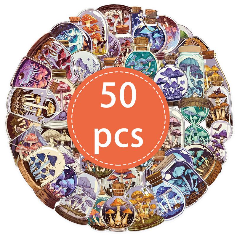 50PCS Cartoon Aesthetic Mushroom Stickers for Water Bottle Colorful Clear PET Mushroom Decor Gifts Vinyl Waterproof Decals