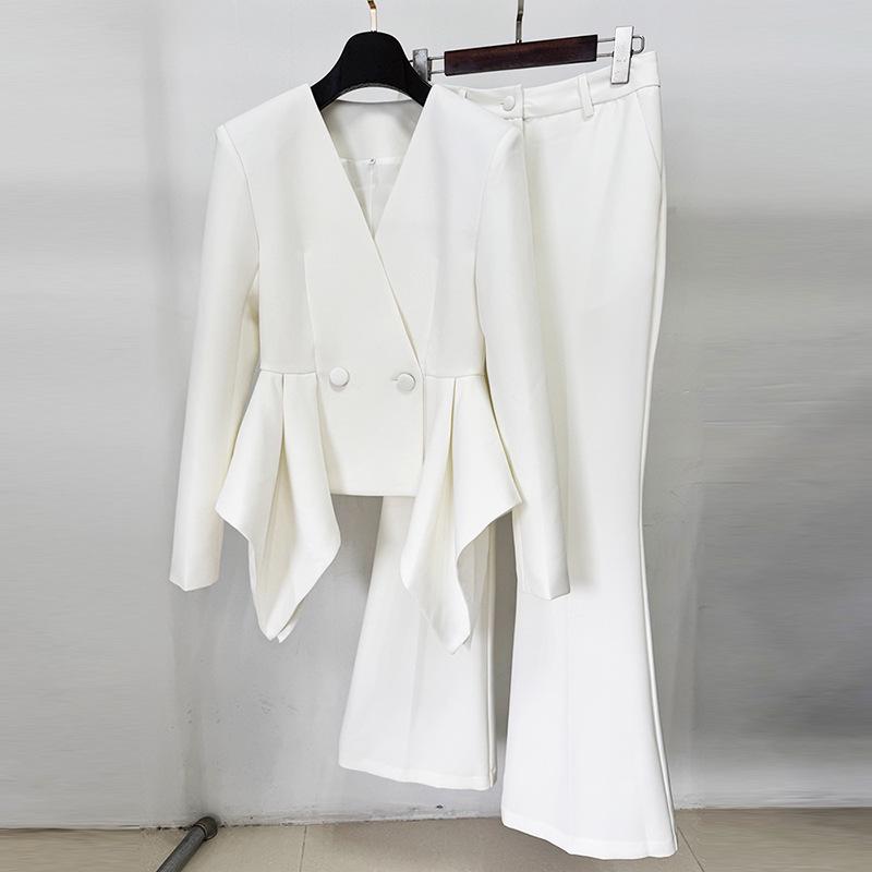 High Street Fashion Elegant Ruffled Top & Flare Pants Set 2026 Large белый