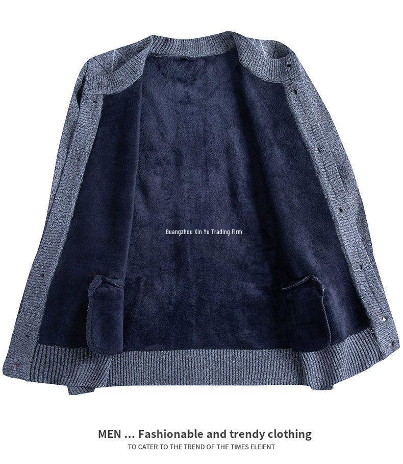 Men's Plus Velvet Knit Cardigan: Warm, Thick Sweater for Middle-aged and Elderly, Perfect for Autumn and Winter