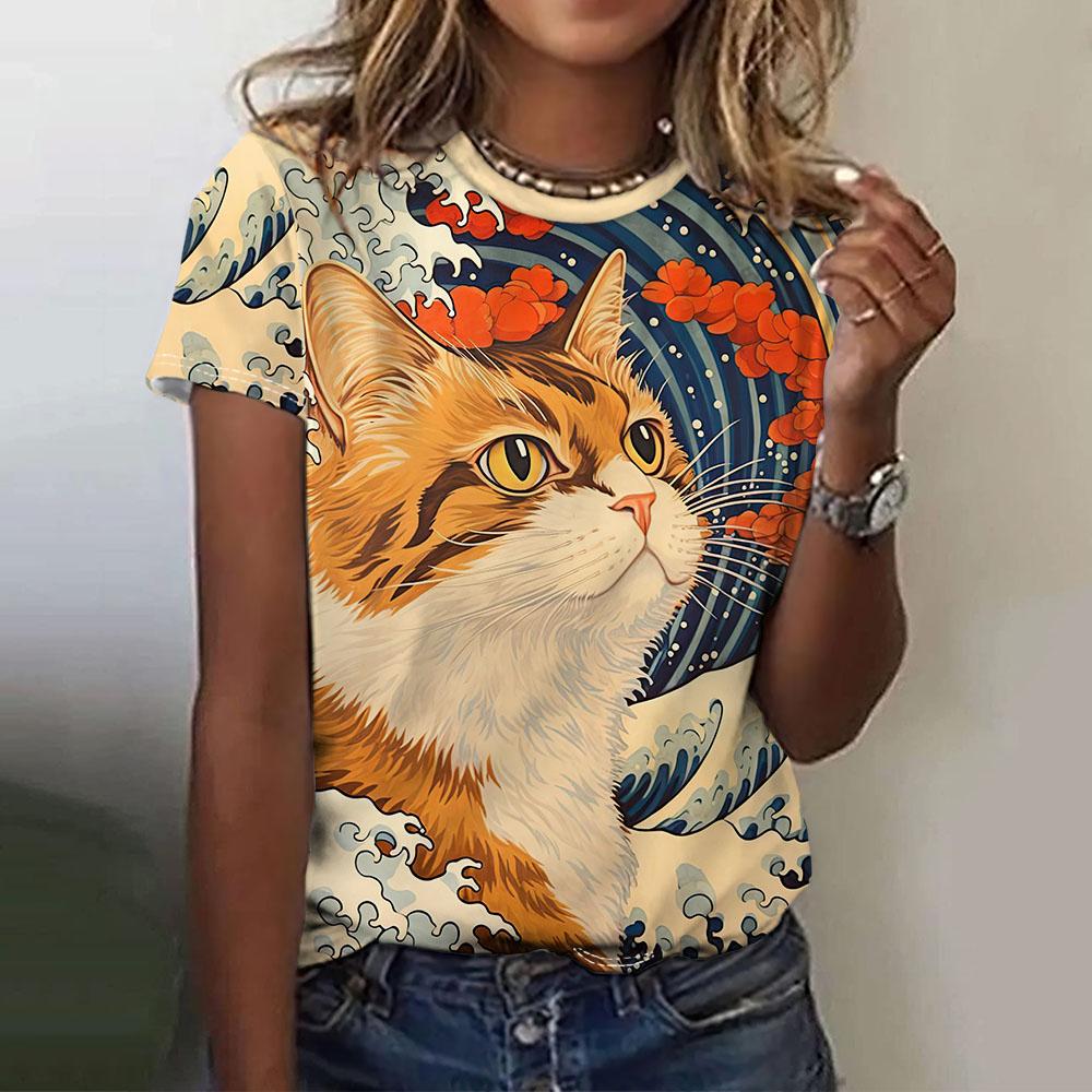 Women's T-Shirt Waves And Cats 3d Printing Short-Sleeved Fashion Casual Street Round Neck Oversized Summer Women's Clothing