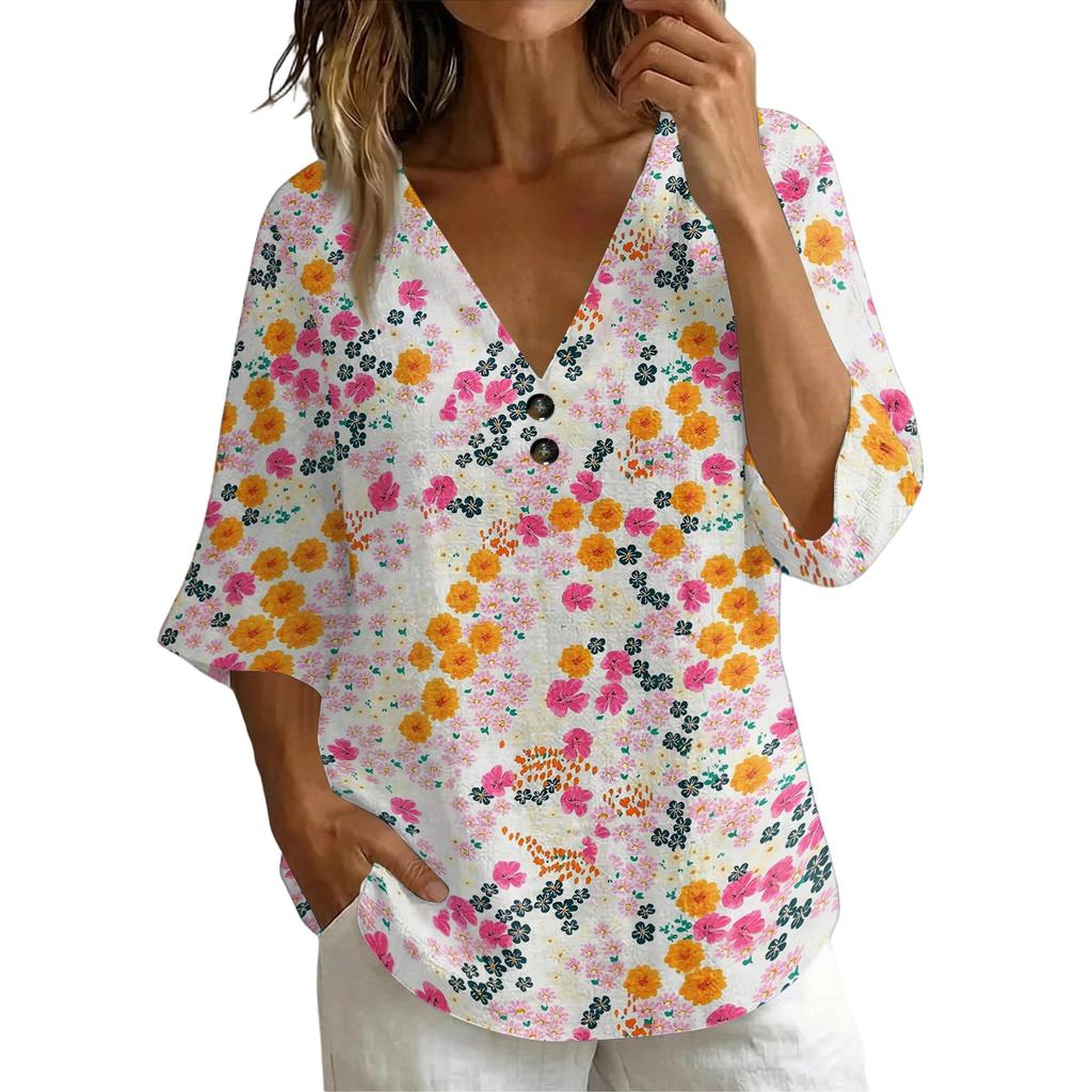 Women V Neck Vintage Floral Print Loose Fit Short Sleeve T Shirt Lightweight Breathable Soft Fabric Casual Top