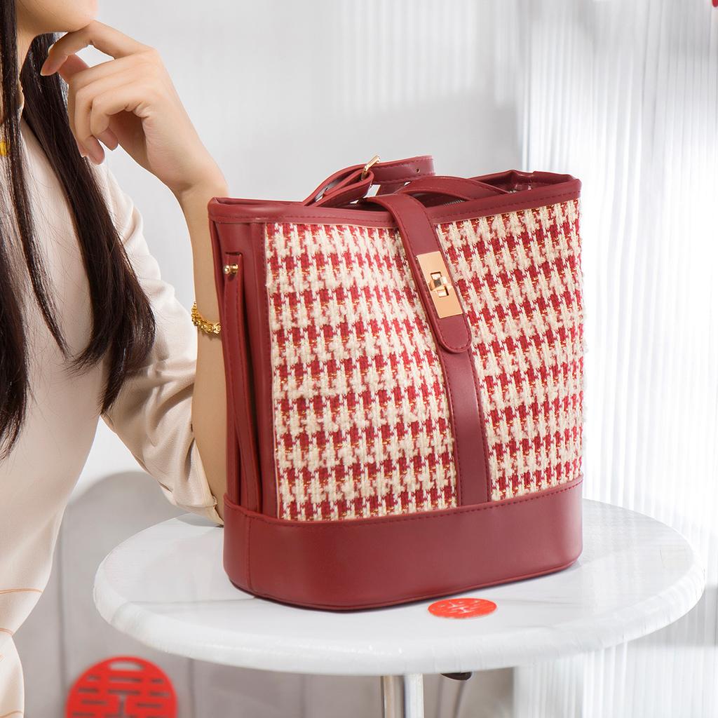 Houndstooth Pattern Niche Design Large-capacity Underarm Bucket Bag for Women 2023 Birthday Gift Red Bridal Wedding Bag