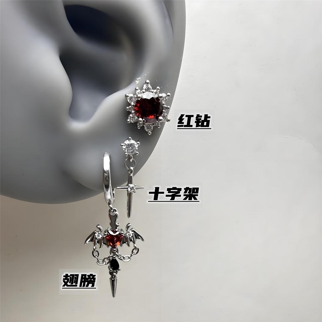 Dark Goth Style Demon Wings Tassel Chain Cross-shaped Hoop Earrings Red Zircon Snowflake Stud Earrings Men Women's Punk Jewelry