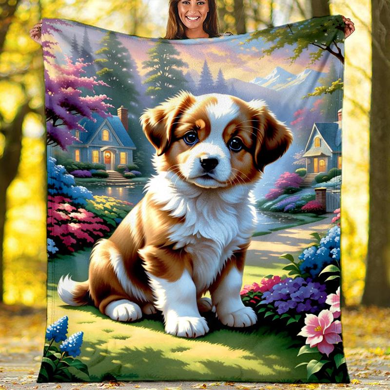Cute Border Collie Puppy Lake Dock Blanket, Fluffy Dog Flannel Throw Blanket for Pet Lover Home Decor