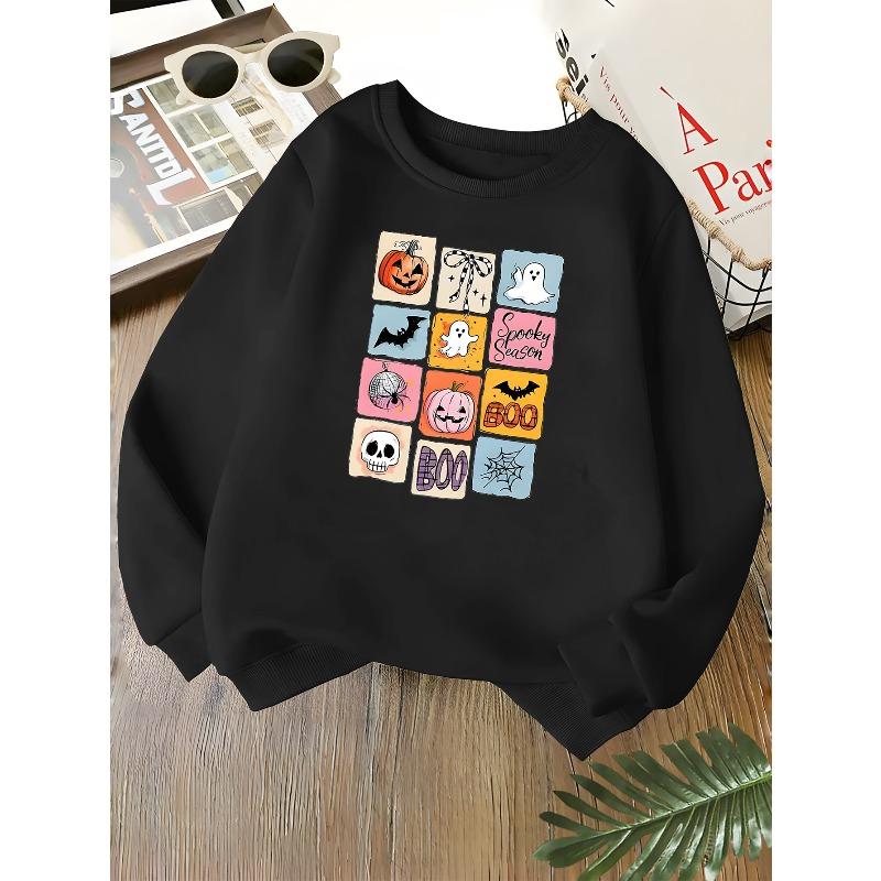 Kids Unisex Crewneck Sweatshirt, Spooky Season Grid Pumpkin Ghost Bat Skull Halloween Print Soft Fleece Pullover For Kids Over 4 Years Old