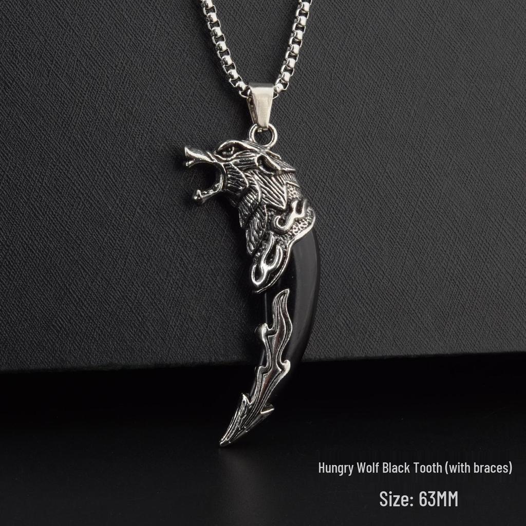Men's Tibetan Faux Wolf Tooth Pendant Necklace, Titanium Steel Chain, Nepalese Style