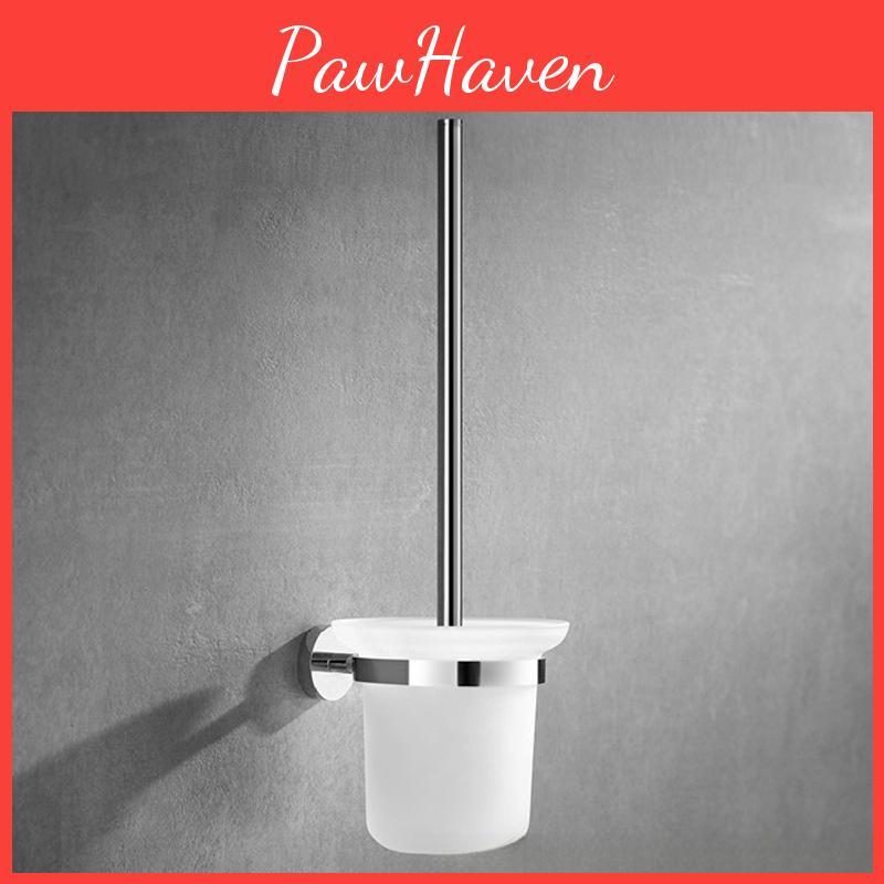 Chrome Wall Round Mounted Toilet Brush And Frosted Glass Holder For Bathroom Use