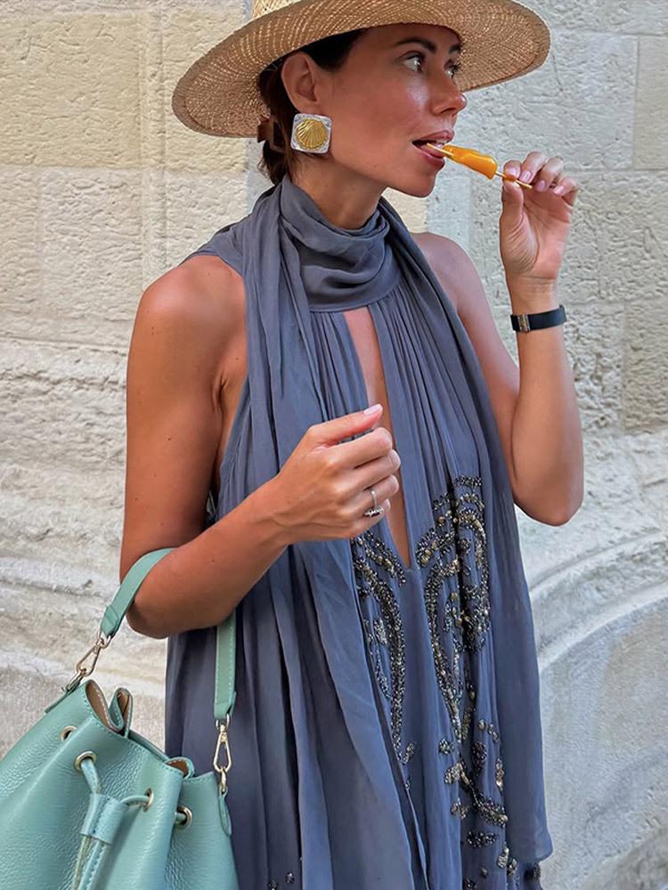 Elegante Abito Lungo con Paillettes e Scollo all'Americana - Nuovi Arrivi Autunno 2025, Stile Europeo e Americano