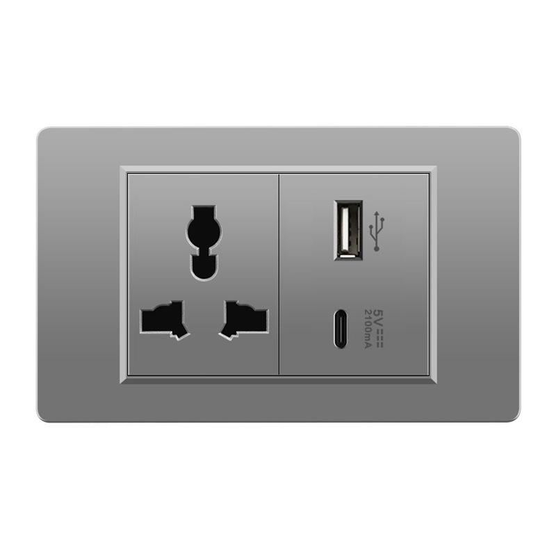 118 Type Switch Six-Hole Gray Wall Socket with Type-C 20W, Thai Style & PC Panel, Taiwan Socket