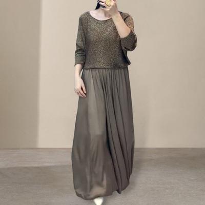 Women's Two Piece Skirt Set Shining Round Neck Long Sleeve Top And High