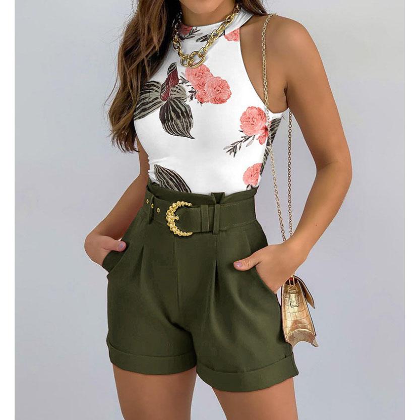 Summer Women's 2-piece Set Tank Tops Hollow Out Beach Slim Short Top Shorts Print Casual Hollow Sleeveless Vest Two Piece Suit