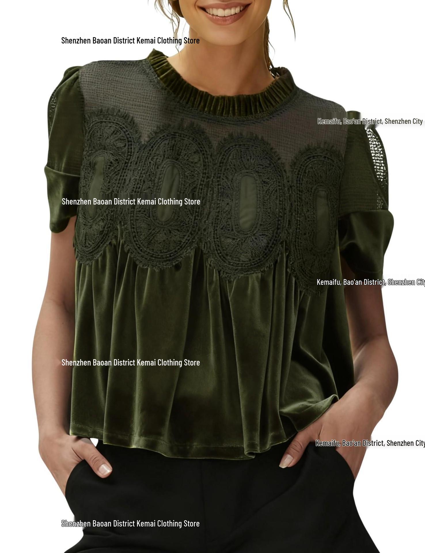 

European and American Spring-Autumn Wood Ear Collar Pleated Lace Patchwork Elegant Women s Top S