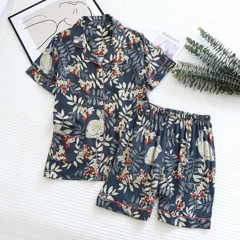 Spring and Autumn Ladies Cute Cartoon Floral Viscose Fiber Pajamas Two-piece Long-sleeved Home Service Cotton Summer Thin Shorts