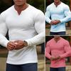 Men T-shirt Solid Color Ribbed Long Sleeve V Neck Streetwear Autumn Winter Bottoming Shirt Tee Shirt Men Clothing