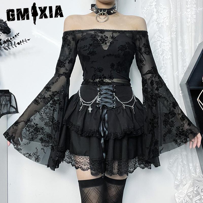 GMXIA Trend letnej halloweenskej párty Slim-fit Chain Cross Dvojitá gotická polovičná sukňa pre ženy