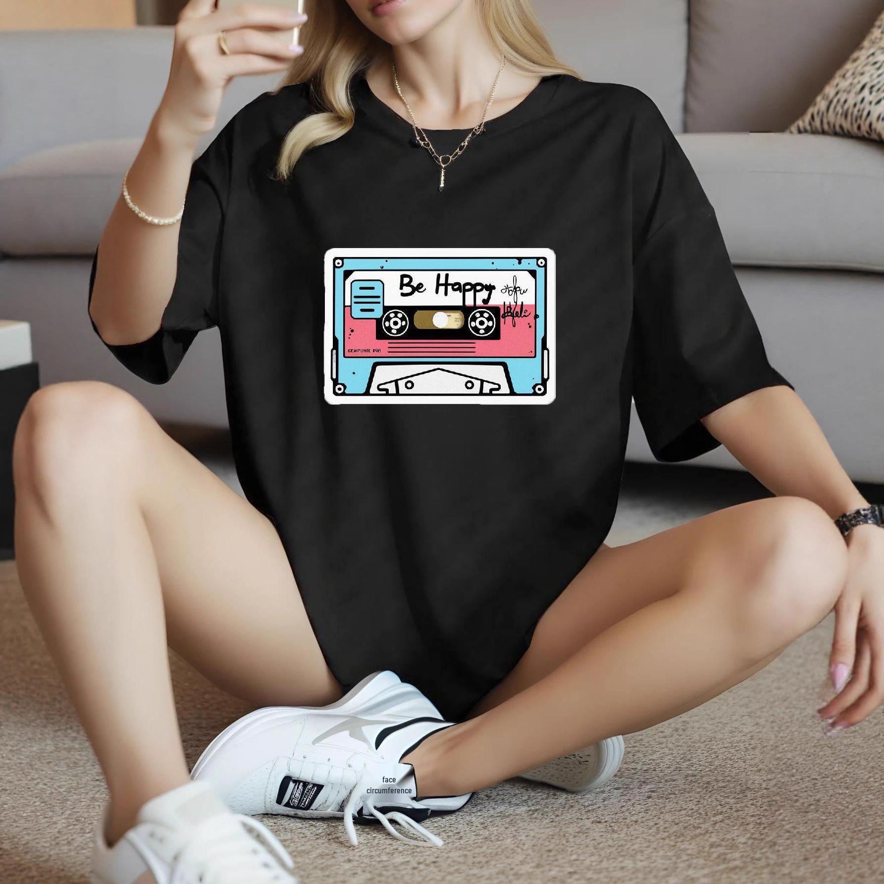 

2025 Women s Casual Loose-Fit European & American High Street Printed Short Sleeve T-Shirt Trend Top S чёрный