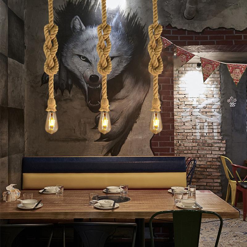 Lampă suspendată cu frânghie de cânepă de epocă Lampă suspendată industrială retro Loft Lampă cu bec Edison în stil rustic creativ