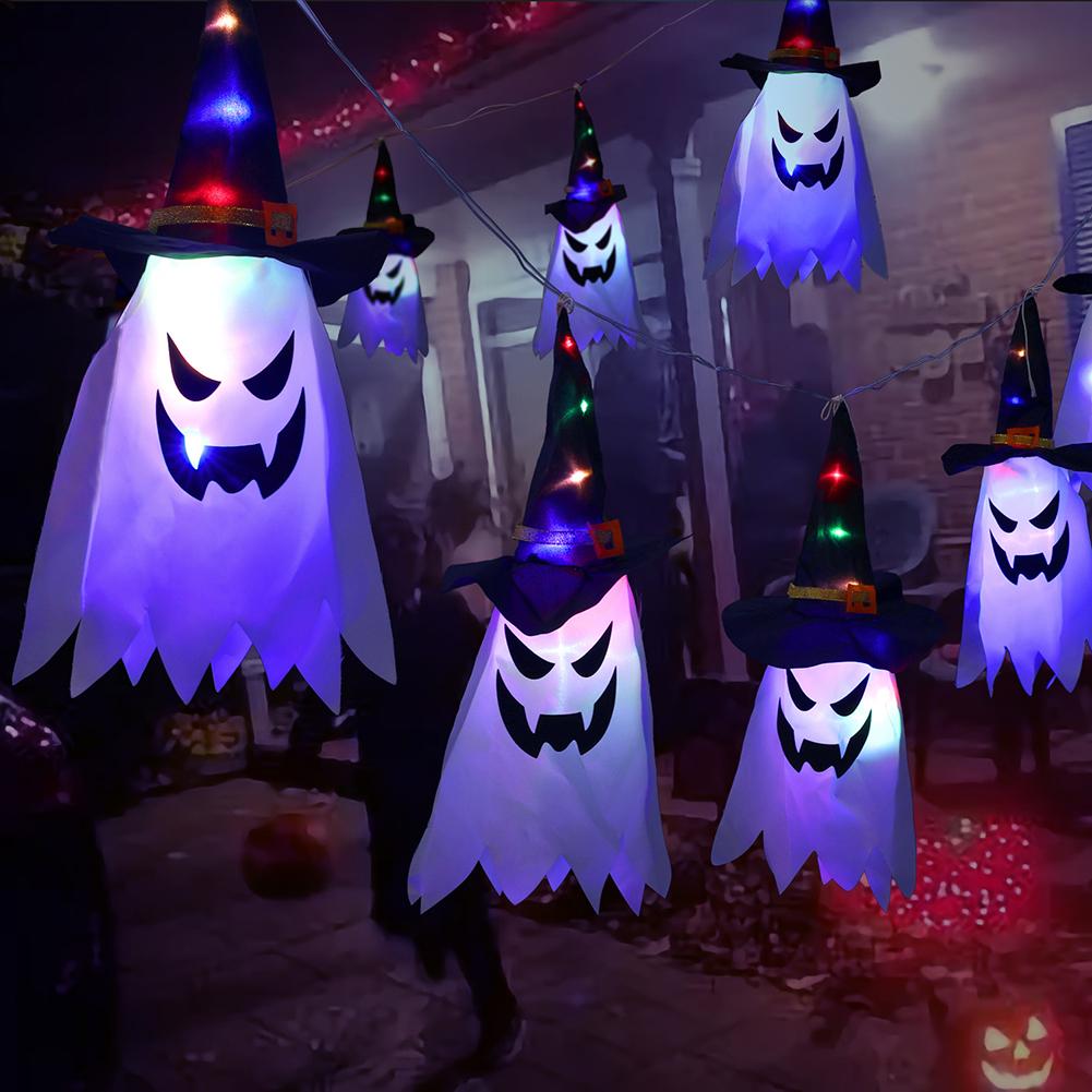 5-20PCS Halloween LED Flashing Light Hanging Ghost Halloween Party Dress Up Glowing Wizard Hat Lamp Horror Props Home Bar Decor