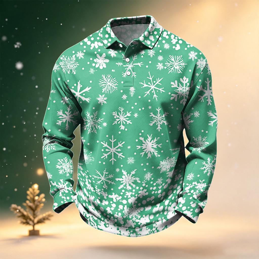 Men's Golf Shirt Long Sleeve Casual Christmas Print Quick-Dry Mesh Top