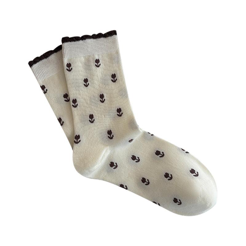 Female Autumn Winter Vintage Cute Tulip Lace Bubble Mouth Tube Cotton Socks