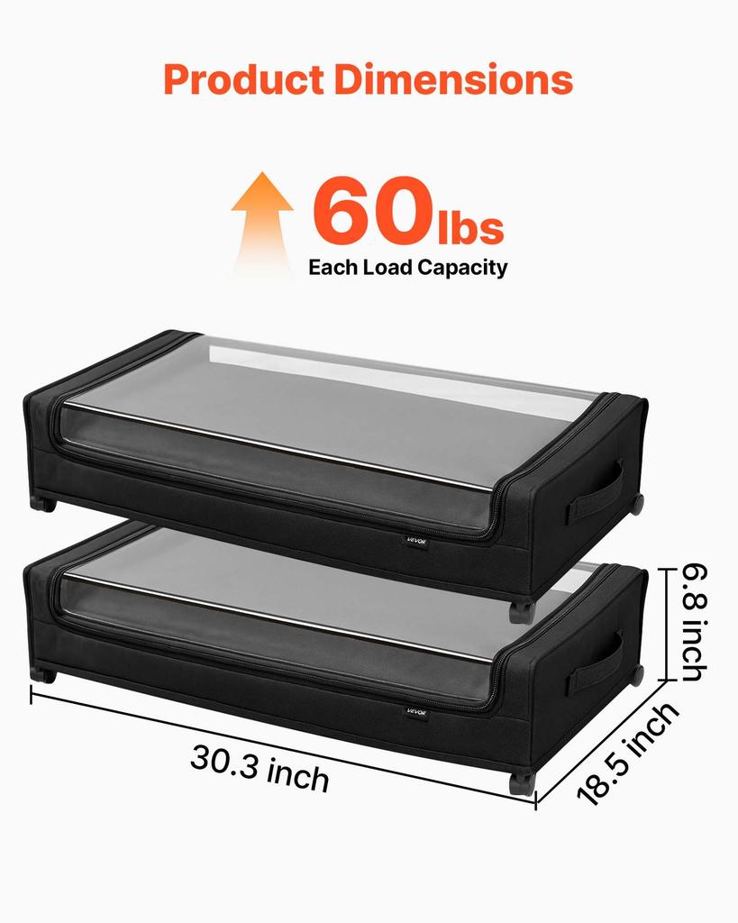 VEVOR Opbergbakken onder het bed met wielen, 770 x 470 x 173 mm, Onderbedbakken met doorzichtig deksel, Schoenorganizer voor onder het bed