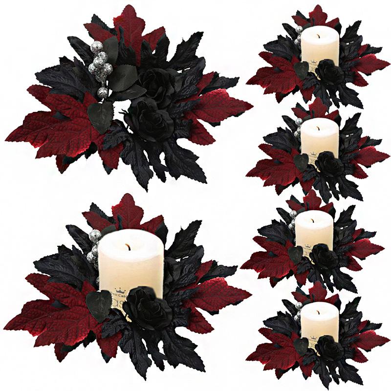 Halloween Candlestick Black Wreath Simulation Flower Maple Leaf Party Decoration Candle Tabletop Ornament Simulation Wreath