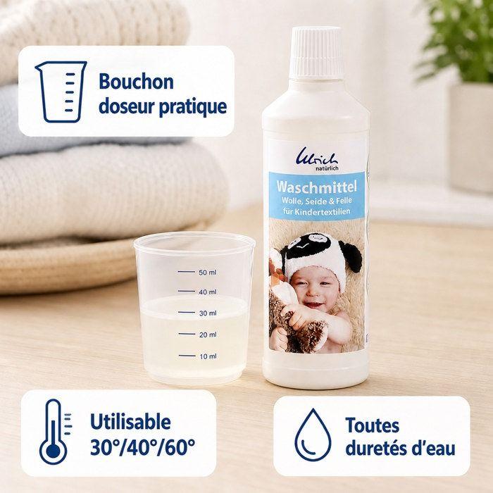 Lessive bébé, lessive liquide bébé, 500 ml, pour textiles délicats, laine, soie, felle