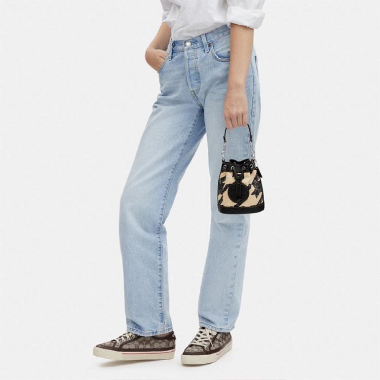 New COACH Dempsey Leather Bucket Bag, Shoulder Bag, Handbag Mini Women's Milk Tea & Black CJ719-SVVRW