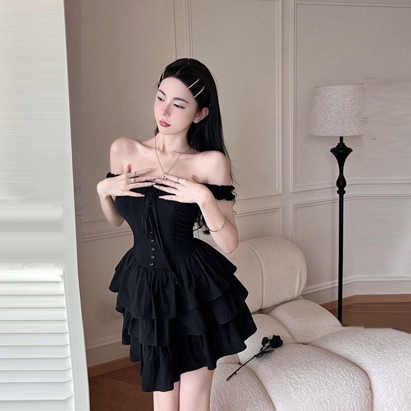 2024 Women's Black Ruffle Suspender Dress - Summer Sexy Cake Style