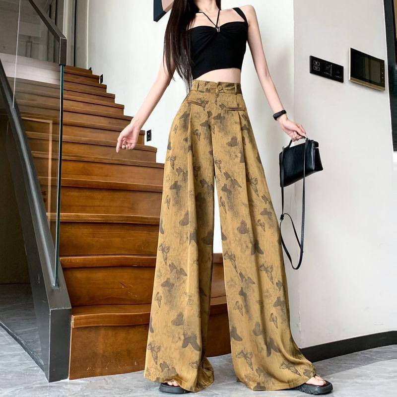 Black Butterfly Satin Wide-Leg High-Waisted Pants - Women s Fashionable Spring/Summer Casual Wear XL (62.5-67.5 kg)