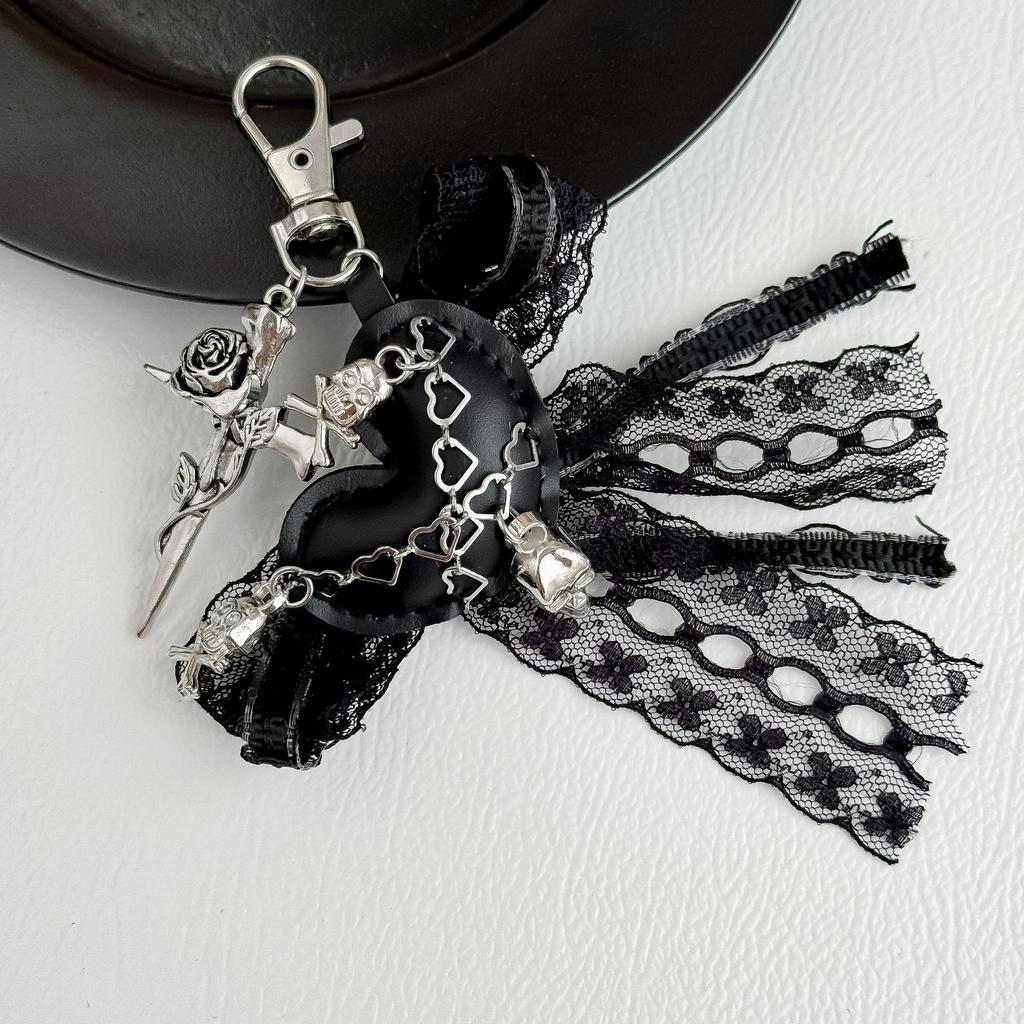 New Gothic Lace Bow Black Heart Cross Keychain New Exquisite Sweet Ballet Ribbon Keychain Hand-held Charter Key Accessories Gift