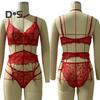 1 Set Sexy Bra Panties Garter Set Hollow Out See-through Lace Multi Strap High Waist Chain Decor Fishnet Elastic Thin Halter Neck Honeymoon Wedding