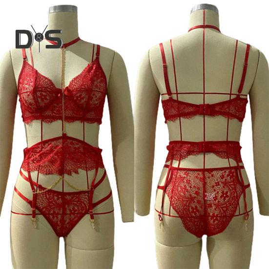 1 Set Sexy Bra Panties Garter Set Hollow Out See-through Lace Multi Strap High Waist Chain Decor Fishnet Elastic Thin Halter Neck Honeymoon Wedding