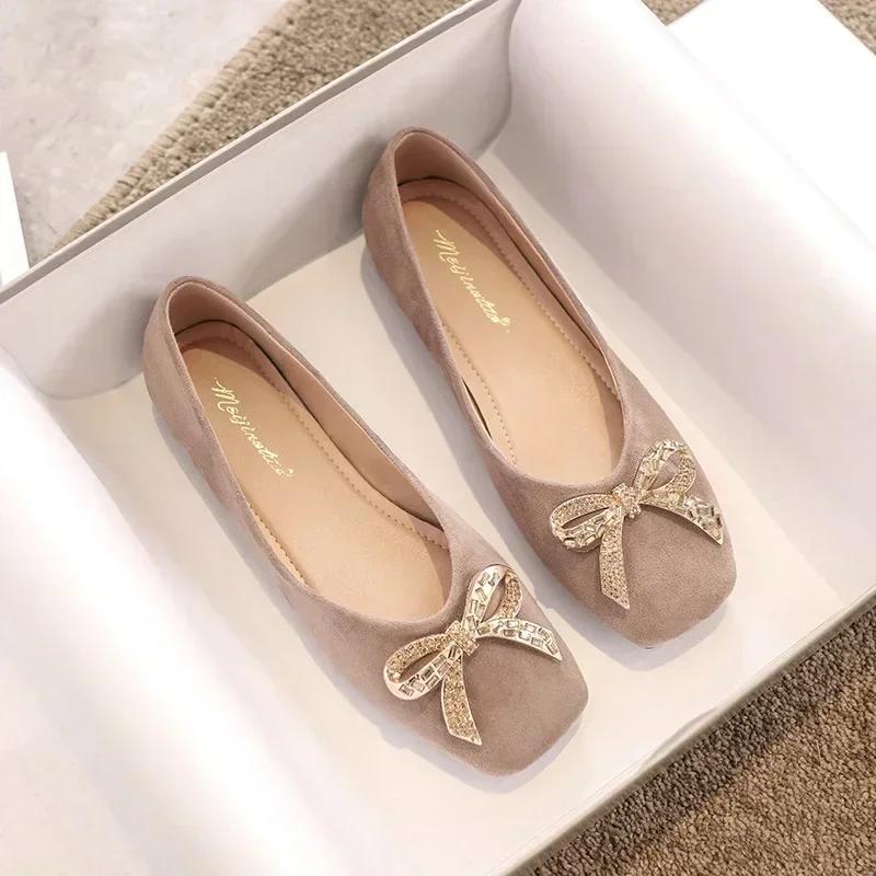 Fashion Women Flat Elegant Bling Crystal Bow Fashion Women Flat Ballet Shoes Tie Square Toe Flats Shoes Lady Flat Footware 2025