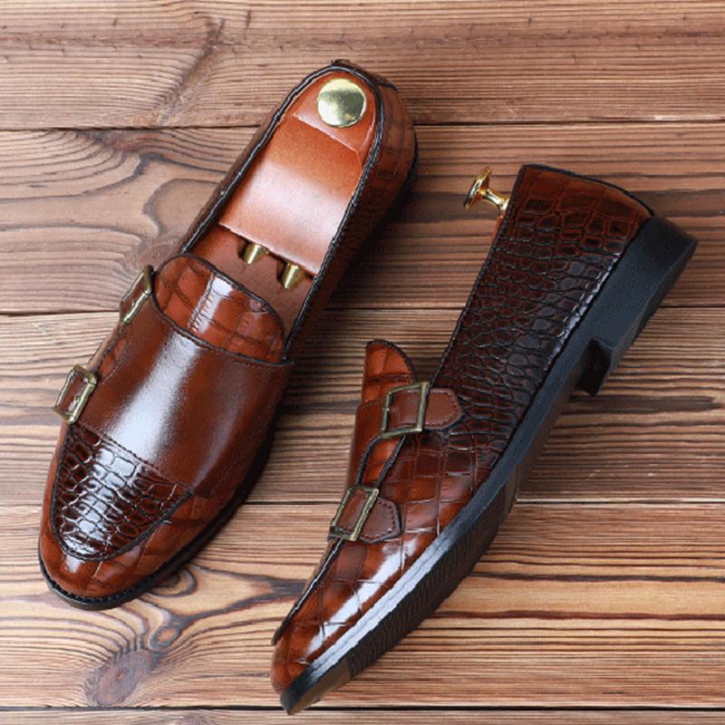 New Men Crocodile Pattern Dress Patent Leather Loafers Luxury Wedding Monk Strap Shoes Italian Style Homecoming Prom Footwear