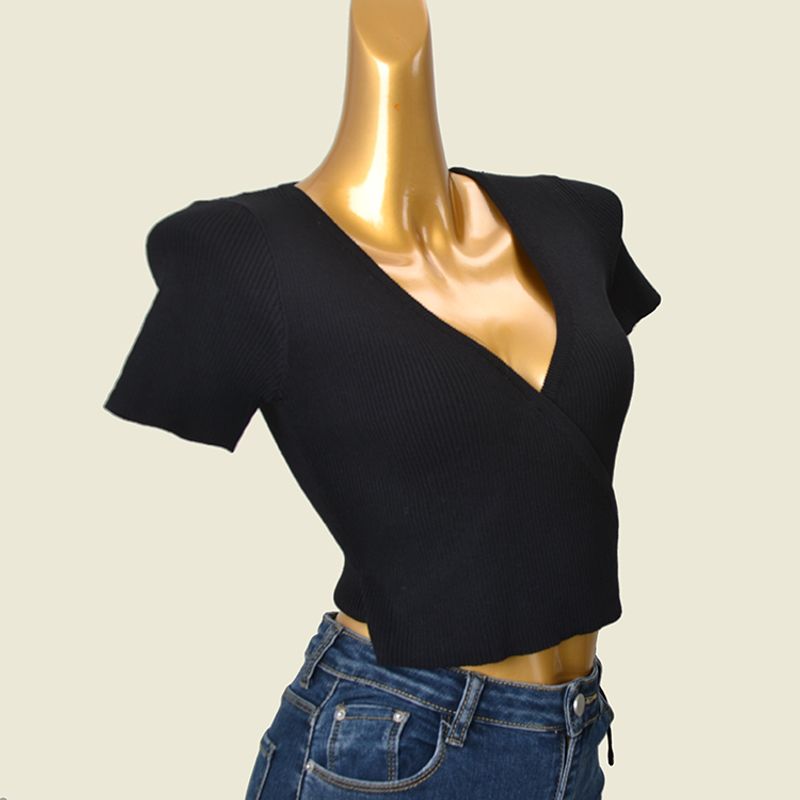 American Style Cross V-neck Side Waist Lace Up Slim Fit Short T-shirt Sexy Summer Short Sleeve High Elastic Midriff-Baring Top Women