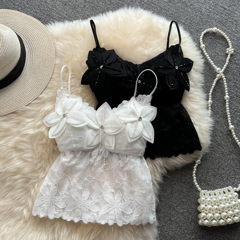 

RUGOD 2022, летняя новинка, трехмерный жилет на подтяжках с цветочным принтом и бисером для женщин, блузка без рукавов с открытой спиной в иностранном стиле One Size чёрный