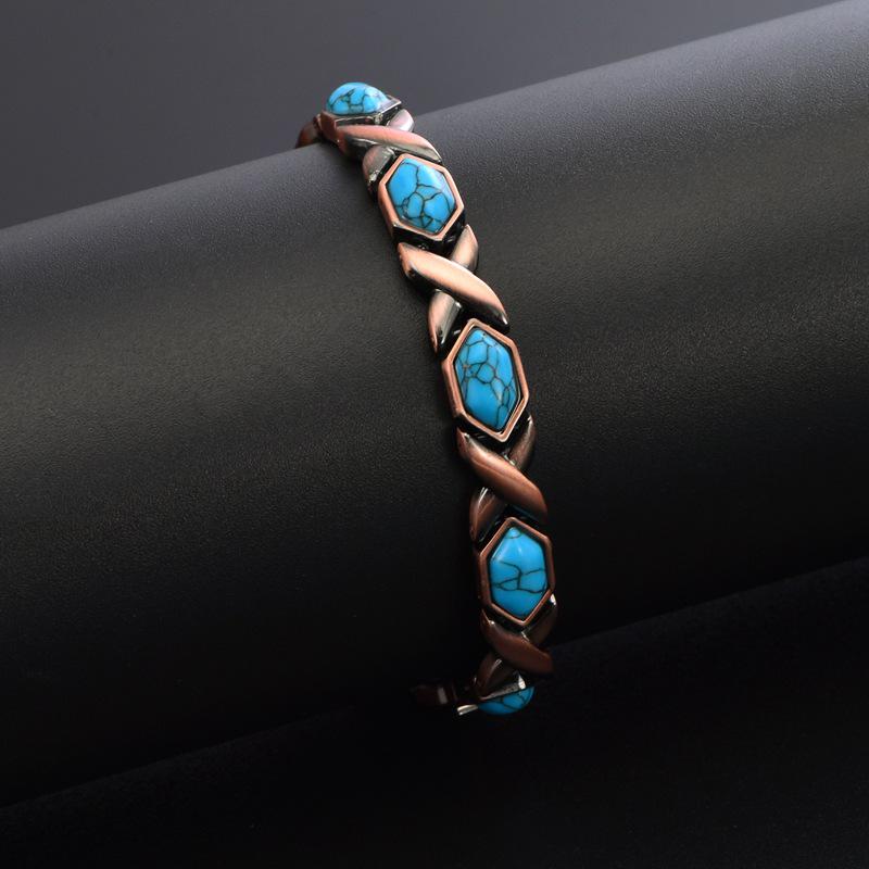 Retro Blue Turquoise Magnetic Ladies Bracelet - Pure Copper Design