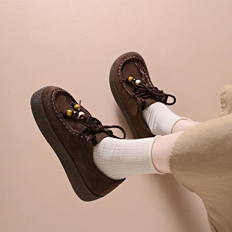 CRLAYDK Suede Shoes for Women Suede String Bead Ethnic Style Slip On Loafers Ladies Winter Outdoor Walking Antislip Sneakers