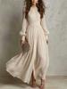 European and American new women's clothing simple solid color round neck long sleeve pleated waist dress