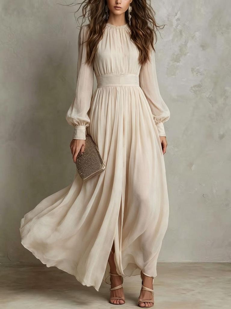 European and American new women's clothing simple solid color round neck long sleeve pleated waist dress