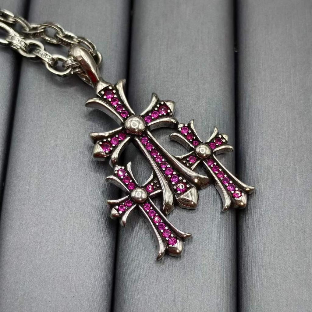CH Croatia Retro Cross Diamond Inlaid Silver Necklace - High-End Punk Accessories
