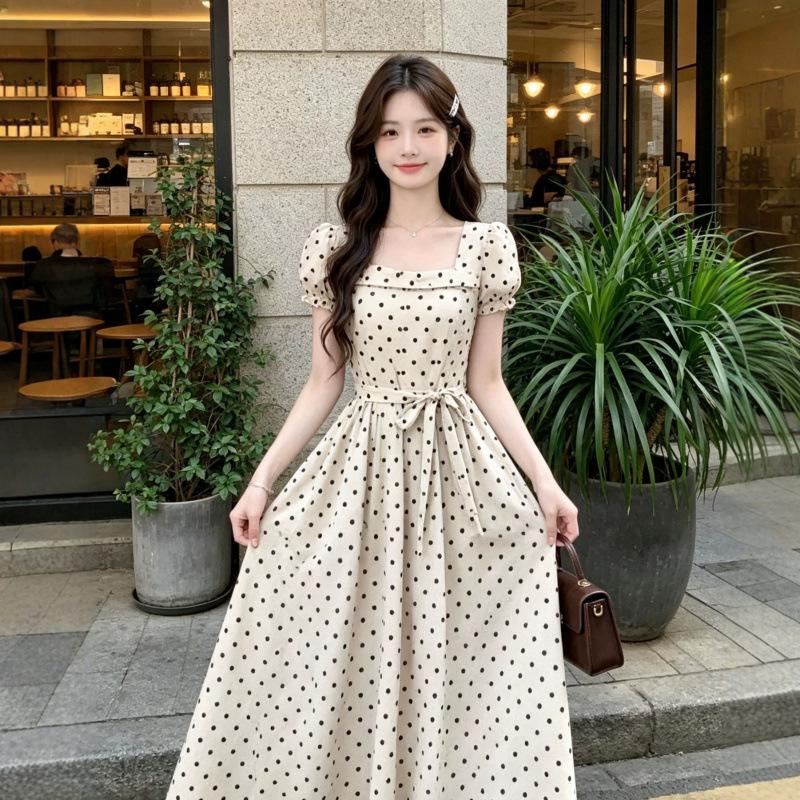 Large Size Fat Mm Bubble Sleeve Polka Dot Dress Women's Summer Dress Seaside Vacation Long Skirt