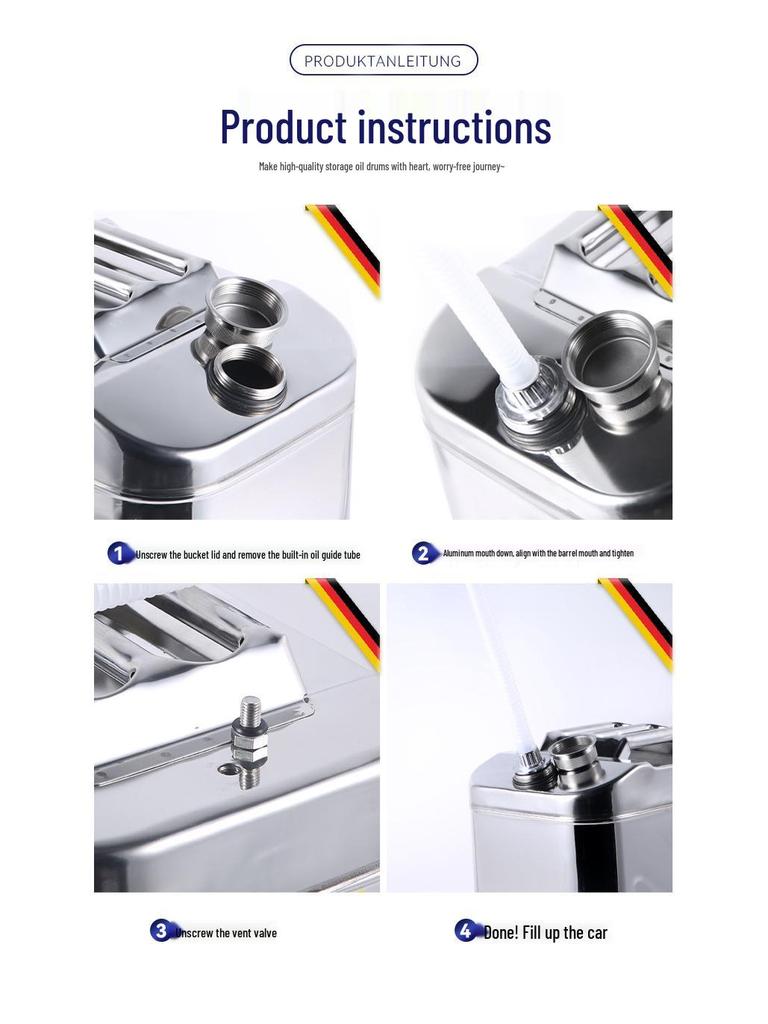 Stainless Steel Fuel Can - 304 Gasoline & Diesel, 10L/20L/30L, Thickened Portable Car Spare Tank