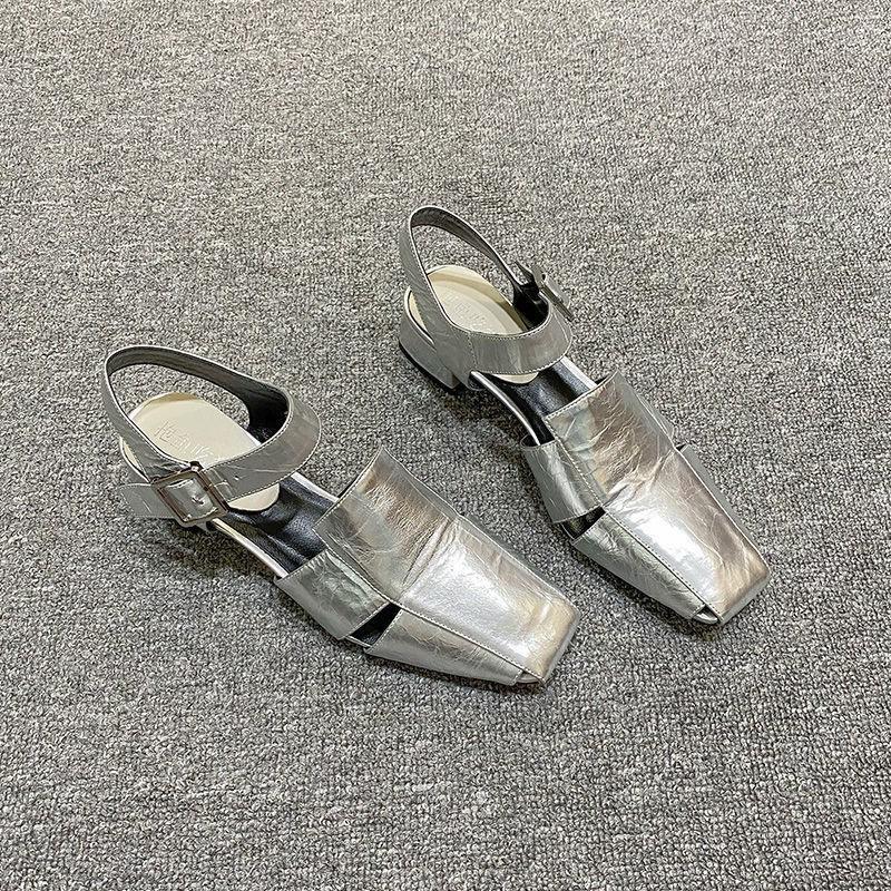 Silver Square Toe Strap Sandals for Women - Trendy Chunky Heel Summer Footwear