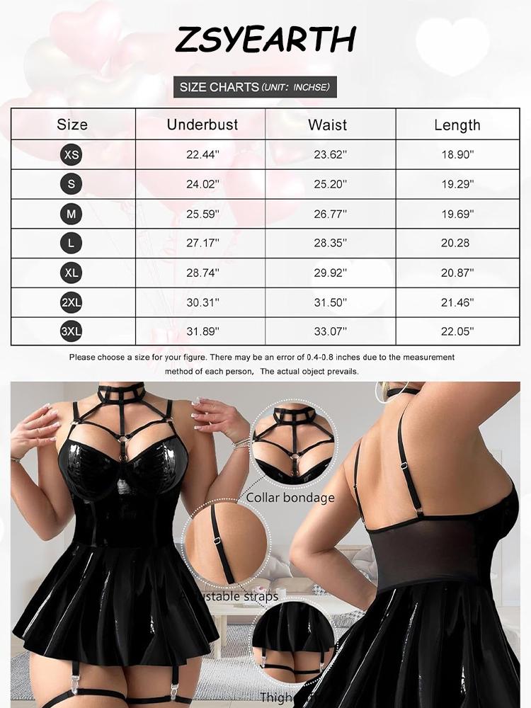 Exotic Leather Dress Women Erotic Apparel Plus Nightclub Stage Dancewear Deep V Babydoll Lingerie BDSM Role Play Maid Underwear