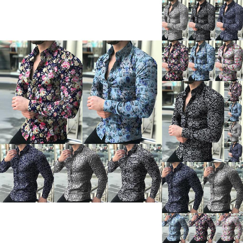 Stylish Men's Casual Long-sleeve Shirt With Trendy Floral Print And Slim Fit Design